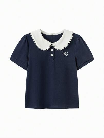 Balabala 女童夏季短袖彼得潘领T恤 新款时尚少女上衣