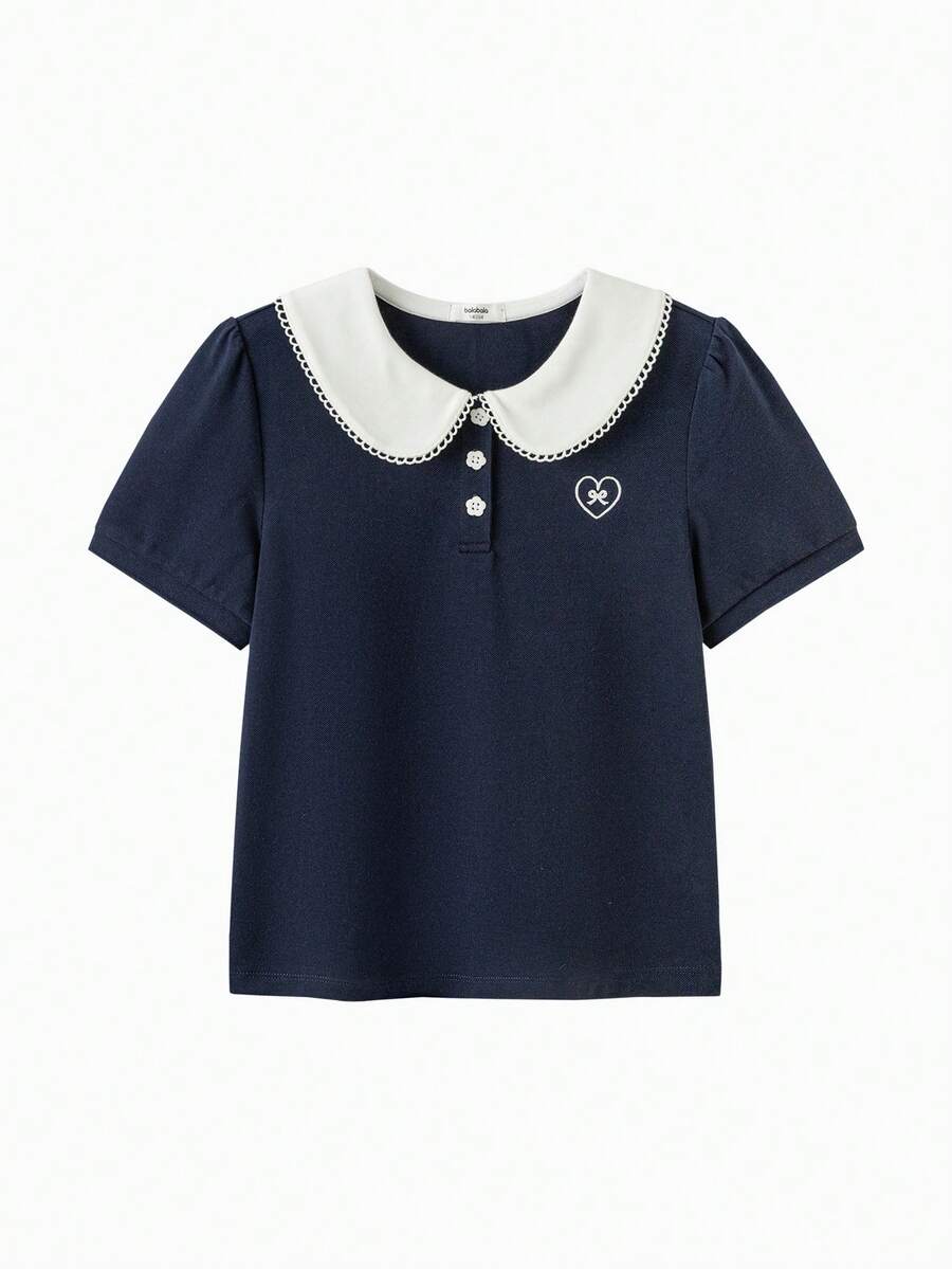 Balabala Áo thun ngắn tay cổ Peter Pan mùa hè cho bé gái, kiểu dáng thời trang mới, áo dành cho bé gái tuổi teen. - xanh đậm - Xem 1