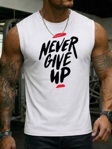 Men's Summer Fashionable "Never Give Up" Printed Tank Top, Essential For Cool Summer Days White - White - View 1