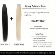 [40–65 Cm, 20 Pieces/Pack/50 G] Thick Tape-In Hair Extensions, Straight Remy Human Hair, Invisible Tape-In Human Hair Extensions. Suitable For Women - 1B60# - View 2