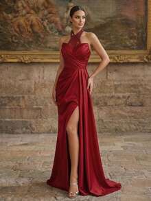 酒红色露背缎面晚礼服，亮片紧身胸衣，高开衩设计，优雅正式女士舞会礼服，无袖红色长裙，婚礼宾客礼服，奢华正式礼服，美人鱼红毯礼服，春季派对 - 紅色 - 查看 6