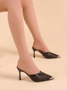 Women's Woven High Heels, Fashionable & Sexy, Breathable Spring/Summer New Stylish Party Basic Rhinestone High Heel Pumps - Black - View 5