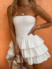 Unadoll 女士夏季可爱优雅无肩带褶皱上身层叠荷叶边下摆白色迷你连衣裙度假约会装 - 白色 - 查看 1