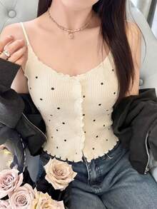 Korean Style Summer Retro Polka Dot Frill Trim Camisole Top, Sexy Slim Fit Ribbed Knit Crop Top, Sweet & Sexy Layering Piece, INS Soft White Ribbed Texture Single-Breasted Top With Buttons That Can Be Unbuttoned - Apricot - View 4