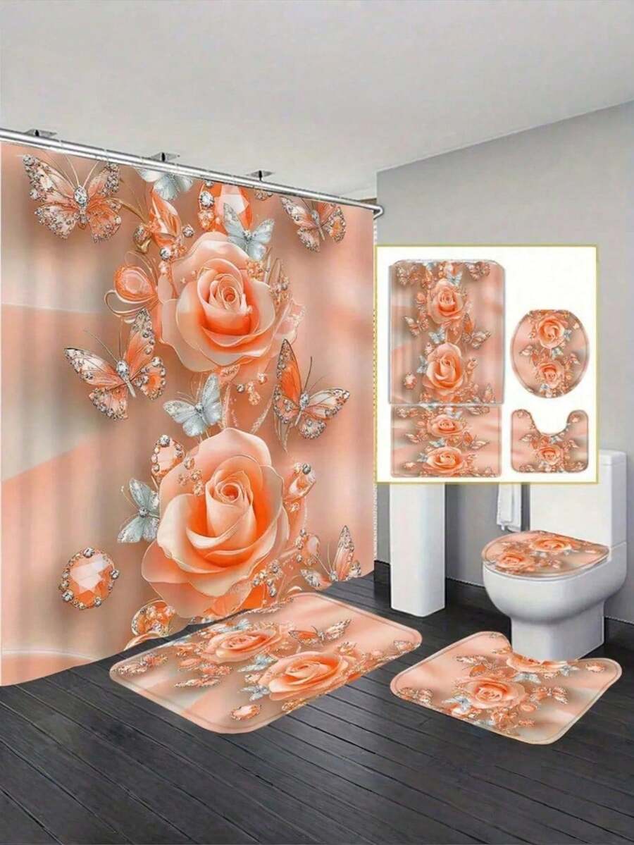 1/4 Pcs Bathroom Decor Set, Polyester, Peach Blossom Luster, Waterproof, Anti-Slip, Machine Washable, Includes 12 Hooks, Bath Mat, U-Shaped Toilet Mat, Toilet Lid Cover, Suitable For Bathroom