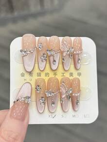 10pcs/Set Press On Nails, Fairy Purple Butterfly, Spring Summer New Style, Stacked Rhinestones, Pure Seduction, Super Sparkling, Cat's Eye, Elegance Handmade Wearable Nail Art - Multicolor - View 1