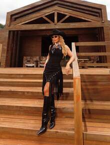 Women's Sleeveless Short Country Dress With Fringe And Rivets For Rodeo Parties, Events, Nightclubs, And Cowboy Parties - 黑色 - 查看 1