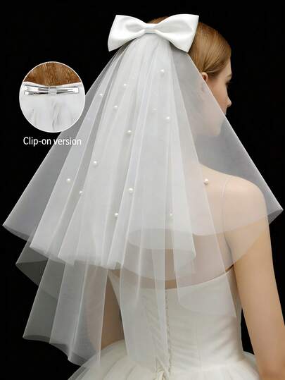 1pc Short Minimalist Bridal Veil, Versatile Prop For Proposal, Wedding, Registration Photography, French Bow Headpiece