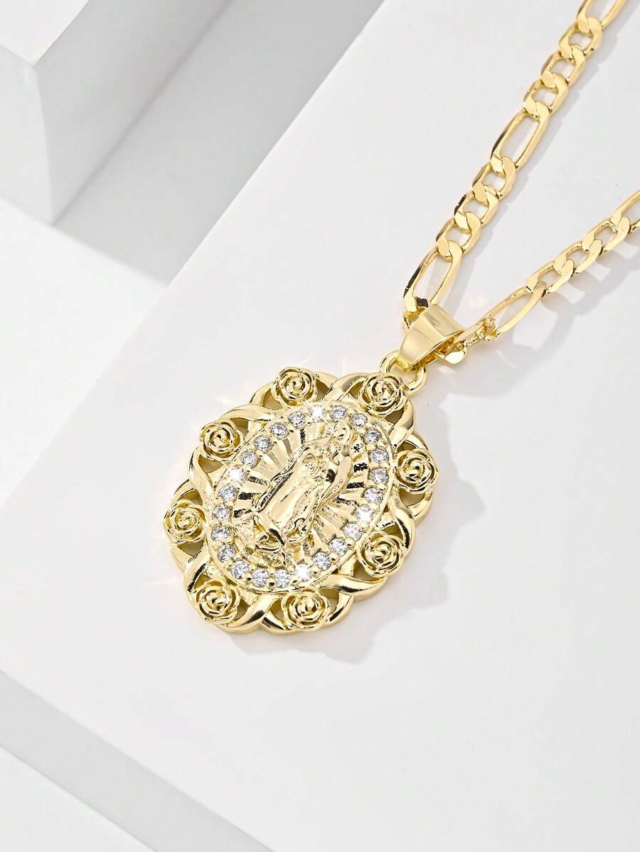 1pc Classic European & American Design Copper Inlaid Zirconia Rose Guadalupe Virgin Mary Pendant Necklace, Limited Edition, Suitable For Christmas/Thanksgiving/Halloween/Mother's Day/Valentine's Day Gifts, Catholic First Communion, Daily & Holiday Wear, Prayer