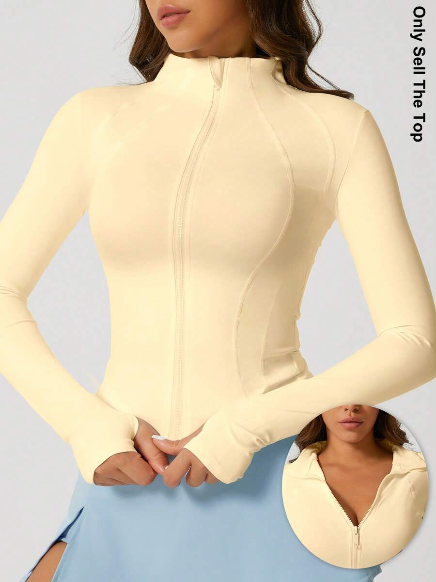 1pc Women's Fishbone Line Black Sports Jacket, Elastic Fitted Yoga Coat - Yellow - View 1