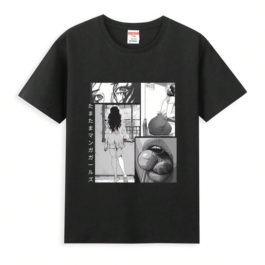 Fun Manga Lover T-Shirt Harajuku Ahegao Girls Men's Summer Cotton Casual Fashion Short Sleeves Comfortable And Breathable - màu đen - Xem 1