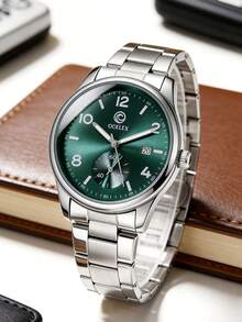 1 chiếc đồng hồ nam thạch anh, mặt tròn thời trang, hiển thị một ngày, vỏ màu bạc, chất liệu hợp kim cao cấp, kiểu dáng tối giản thanh lịch, phù hợp để đeo hàng ngày, đi làm, họp mặt kinh doanh, đám cưới, các buổi họp mặt Ramadan, lễ Eid và các dịp khác. - màu xanh lá - Xem 3