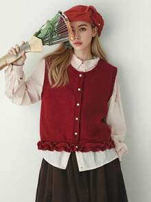 Alicedudu 女士休闲优雅可爱荷叶边开衫背心，春夏款 - 酒紅色 - 查看 1