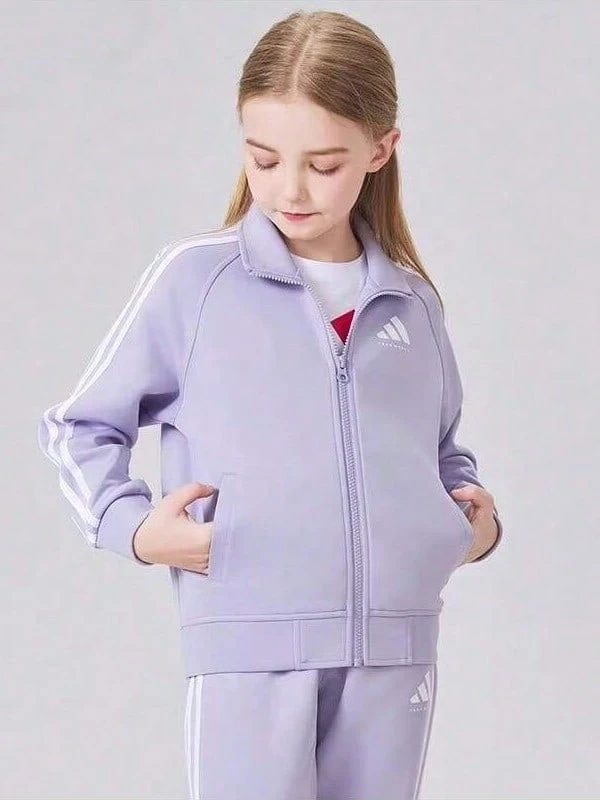 Adidas 阿迪达斯女童运动外套，立领拉链防风夹克，轻便易携，适合幼儿园春季郊游 - 紫色 - 查看 1