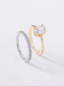 2pcs/Set Gold & Silver Cubic Zirconia Ring Set, Wedding & Engagement Rings For Women - Multicolor - View 9