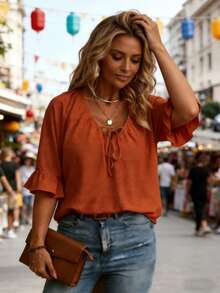 Plus Size Women Summer Casual Solid Color Knot Ruffle Hem Blouse - Burnt Orange - View 5