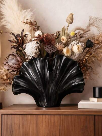 1pc Black Fan Shape Planter Vase, Decorative Flower Pot For Plants Dried Flowers, Garden Planters Outdoor Decor, Home Decor Living Room Bedroom Table Centerpiece