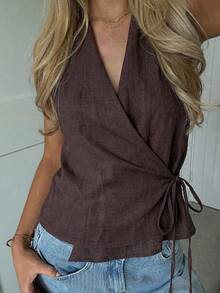 PoPoHouse 女士亚麻露背吊带性感无袖系带V领背心日常休闲办公通勤商务夏季度假外出穿搭棕色上衣 - 棕色 - 查看 1