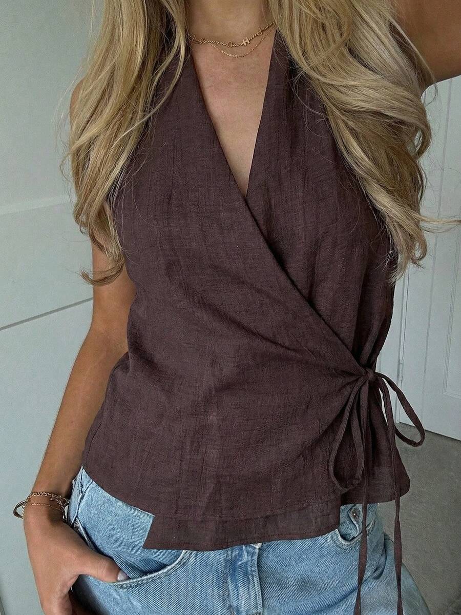 PoPoHouse 女士亚麻露背吊带性感无袖系带V领背心日常休闲办公通勤商务夏季度假外出穿搭棕色上衣 - 棕色 - 查看 1
