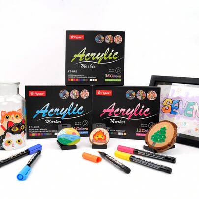 12/24/36色丙烯颜料笔，笔尖（1-6毫米）丙烯颜料马克笔，适用于在纺织品、画布、石头、玻璃、木头、纸张、南瓜等材料上进行DIY艺术创作。适合作为男女学生的礼物、返校季礼物和教师节礼物。