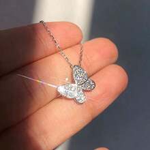 Dây chuyền mặt hình bướm nghiêng bằng bạc S925 nguyên chất, đính đá toàn bộ, kiểu dáng dễ thương và tươi mới, thời trang đa năng, sang trọng và thanh lịch, món quà tuyệt vời cho gia đình, bạn bè và các cặp đôi. - Bạc - Xem 8