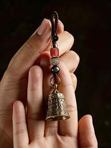 1pc Handmade Vintage Bell Keychain, Pure Brass Bell Car Key Chain Pendant With Woven Rope And Bead Decor, Exquisite Carving Design, Red & Black Beads, Golden Cap, Buddhist Mantra Bell, Good Luck, Travel, Camping And Holiday Gift, Travel Accessory - Multicolor - View 2