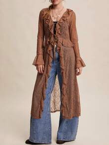 Women Lace Mesh Flowy Maxi Top Tie Front Cardigan Sheer Long Sleeve Ruffled Layering Shirt Cover Up - 紅棕色 - 查看 4