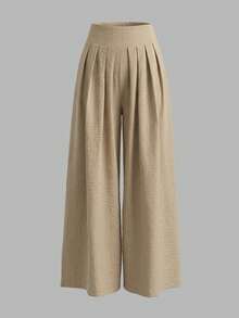 ANCHOSE 女士优雅高腰飘逸阔腿裤，休闲宽松轻便长裤，适合日常通勤和休闲外出，春夏款 - 卡其色 - 查看 2