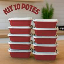 Kit 10 Pote de Plástico com Tampa 400ml Reutilizáveis, Resistentes e Reforçados para Marmitas - Vermelho - Visão 1