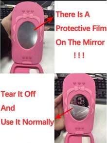 Valentines Cute Cartoon Flip Mirror Vintage Phone Compatible With 15, Compatible With 14/13 Pro/12/11, Silicone Material, Internal Mirror (Please Remove Protective Film Before Use) - Hot Pink - 查看 4