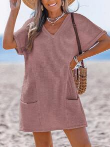 Swimsuit Coverup For Women Waffle Knit V Neck Short Sleeve Beach Coverup Dress With Pockets - Màu hồng đậm - Xem 2