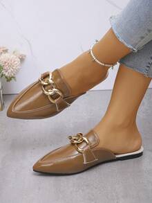 Giày lười mũi nhọn cỡ lớn 35-45 dành cho nữ, mẫu giày mùa thu mới, thích hợp mang đi dã ngoại, có các màu đen, nâu, be, bạc, đế mềm, dễ dàng phối với váy, nhiều màu sắc để lựa chọn. - Khóa kim loại tròn 3 vòng PU màu nâu - Xem 2
