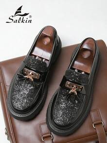 Salkin 新款时尚男士流苏乐福鞋，优雅绅士社交鞋，亮面漆皮，柔软舒适，适合休闲、商务、派对、婚礼、毕业典礼、送礼，春夏秋季皆宜。尺码偏小，建议选购大一码。 - 黑色 - 查看 7