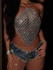 Halter Tops For Women Metal Chain Sequinned Reinstone Halter Tank Top Asymetrical Hem SleevelessOpen Back Vest Going Out Crop Top For Party Streetwear - 銀色 - 查看 4