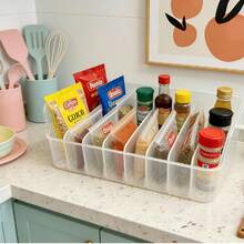 1 pieza Caja de almacenamiento de especias de plástico transparente con compartimentos ajustables - Organizador de cocina multifuncional para especias, aperitivos y artículos pequeños - Adecuado para encimera, bandeja de especias extraíble, gran capacidad para refrigerador - Multicolor - Ver 4