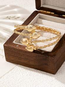 双扭纹铁丝钉喷砂花朵双心超人气开口手链 - 金色 - 查看 6