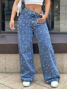 Women's Straight Leg Pant Jeans,Pearl Decoration,Button Zipper And Pocket Summer Jeans - Rửa trung bình - Xem 8