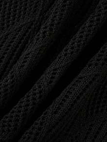 波西米亚风黑色不对称肩针织毛衣，女士夏季薄纱蕾丝罩衫，V领上衣 - 黑色 - 查看 9