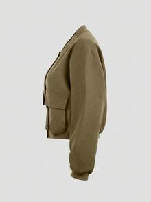 Apperloth A Women's Short Bomber Jacket, Flap Pockets, Button Front, Lightweight Loose Baseball Collar Coat - Army Green - View 3