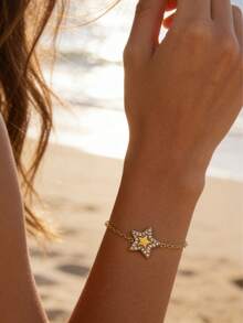 18K镀金星形锆石手链，波西米亚风金色沙滩度假不锈钢精致可调节链条手链 - 金色 - 查看 8
