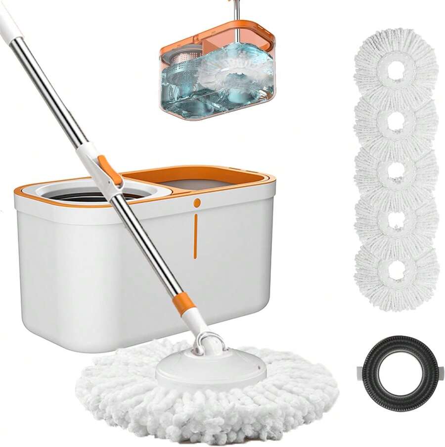 2026 Hot Spring Summer Popular Floor Spin Mop And Bucket Set With Wringer System, 61" Extended Stainless Steel Handle For Home Floor Cleaning, Includes 5 Replacement Microfiber Mop Heads & 1 Cleaning Brush Head, Wet & Dry Floor Cleaner For Hardwood, Tile, Laminate, Vinyl, Household Cleaning Tool, Perfect For Daily Use, Birthday Party, Holiday Cleaning & Ideal Festival Birthday Gift For Family, Friends, Homeowners - 白色和橙色 - 查看 1
