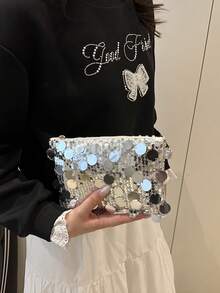 1 chiếc túi vuông nhỏ bằng PVC đính sequin, kiểu dáng chần bông, có thể đóng mở, dùng làm ví đựng tiền xu và điện thoại, túi dự tiệc, túi đeo chéo thời trang mới, túi đeo vai lấp lánh sang trọng, phù hợp cho phụ nữ tham dự tiệc và các sự kiện. - Bạc sáng - Xem 4