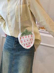 Cute Strawberry Knitted Pouch, Handmade Niche Design Woven Bag, Coin Crossbody Purse, Strawberry - 白色 - 查看 11