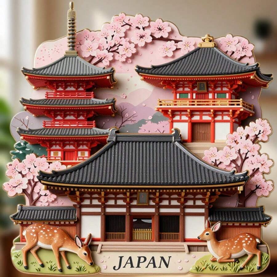 1个3D激光切割日本冰箱贴,多层设计,包含鹿、神社、粉色樱花和漂浮花瓣——来自日出之国的永恒温暖,装饰您的冰箱 - F - 查看 1