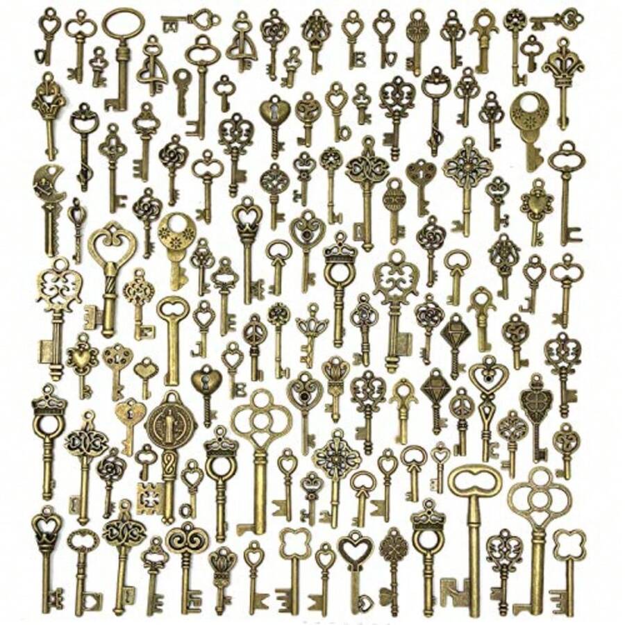 125 PCS Vintage Skeleton Key Set Charms JIALEEY Mixed Antique Style Bronze Brass For Pendant DIY Jewelry Making Wedding Party Favors - 如圖所示 - 查看 1