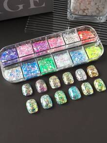 12 Grids Irregular Flakes Nail Sequins Glitter, Holographic Mermaid Blue Pink Nail Art Sequins, Spring Summer Japanese Design Nail Art Glitter Flakes Decorations Manicure - Multicolor - View 10