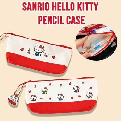 Sanrio Hello Kitty Deluxe Pencil Case Set - Large Capacity Red & White Canvas Zipper Pouch with Cute Cartoon Kitty Embroidery & Apple Patterns, Includes Hello Kitty Keychain Charm, Stylish Stationery Storage Bag for Back to School, Birthdays & Holidays, Must-Have Accessery Storage Bag for Back to School, Birthdays & Holidays, Must-Have Accessas