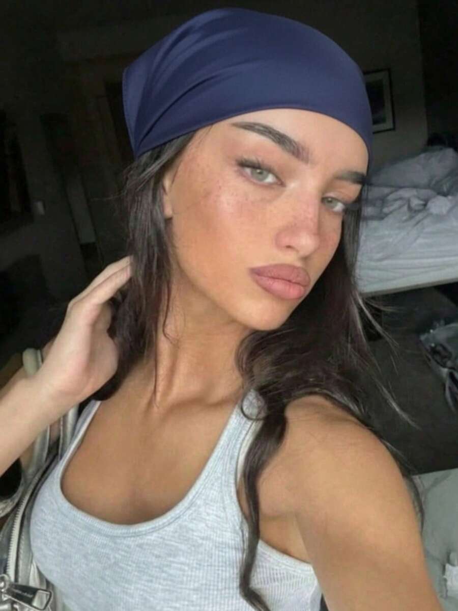 1pc Fashion Novelty Small Handkerchief Headband, Denim Print & Solid Color, Fits All, Bohemian Style Suitable For All Seasons - Royal Blue - View 1