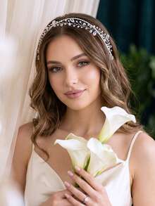 1 pieza Diadema de cristal elegante de doble capa hecha a mano, accesorio para el cabello de novia adecuado para boda, celebración, fiesta, actuación, verano, playa - Plateado - Ver 5