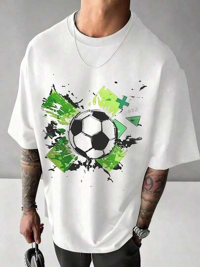 Men's Summer Fashionable Versatile Graffiti Football Print Round Neck Short Sleeve T-Shirt, Suitable For Football Fans, Men's Clothing, Men's T-Shirt